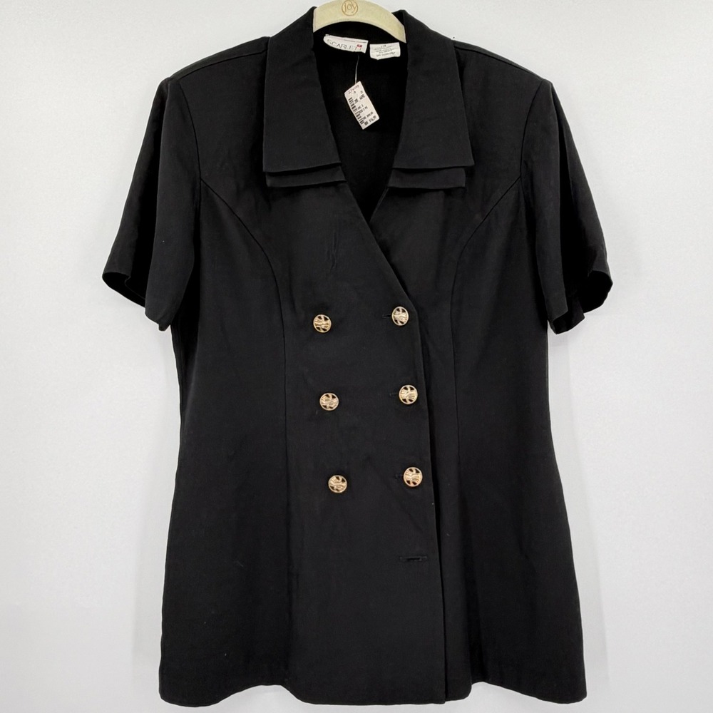 Vintage 90s Scarlett Black Double Breasted Blazer Top Gold Buttons Size 12M USA